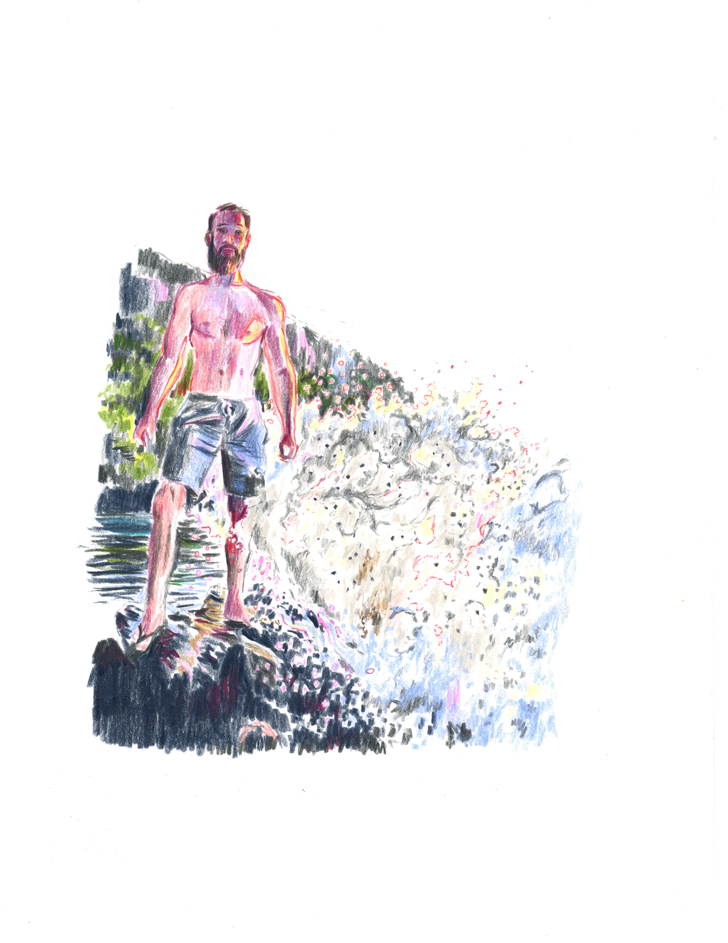 Autoportrait aux vagues, crayon de couleur sur papier (21x29,7 cm)