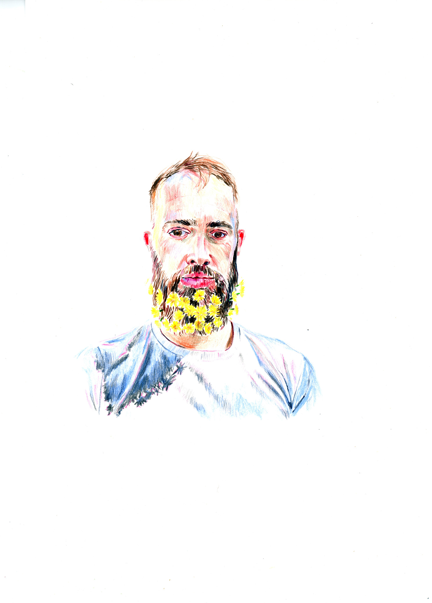 Autoportrait avec des fleurs dans la barbe