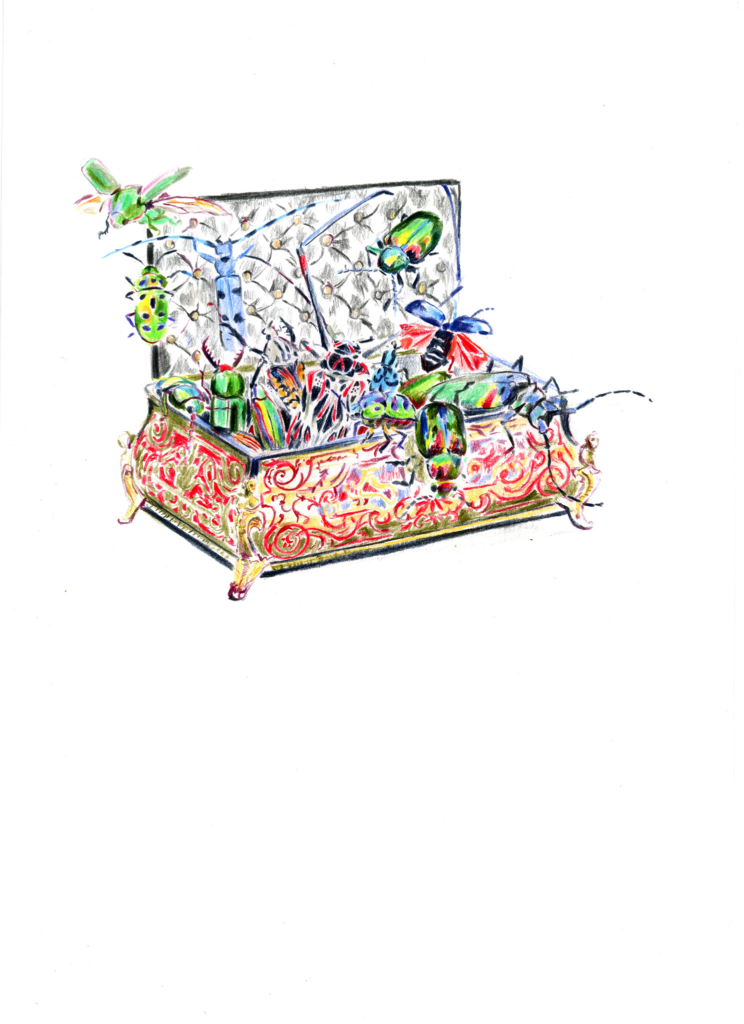 Boîte à bijoux débordant d'insectes iridescents