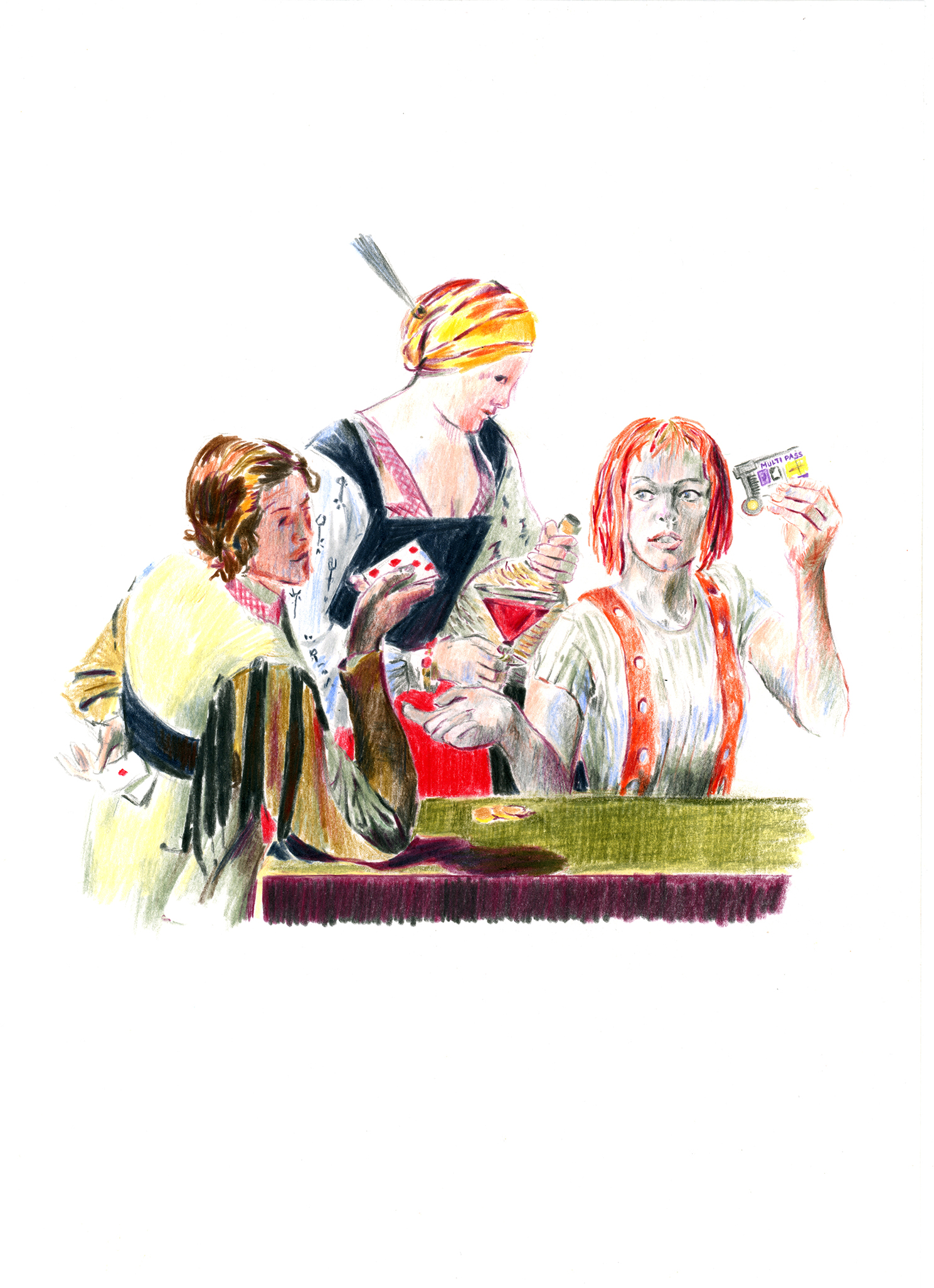 Dessin d'après Le Tricheur de Georges de La Tour avec Lili du Cinquième Élément