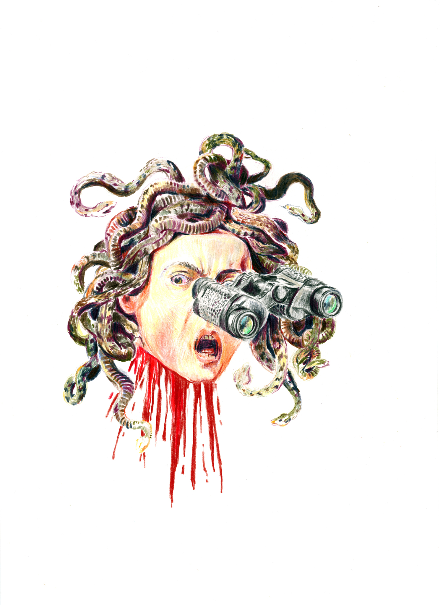 Dessin d'étude de la Méduse du Caravage avec des jumelles