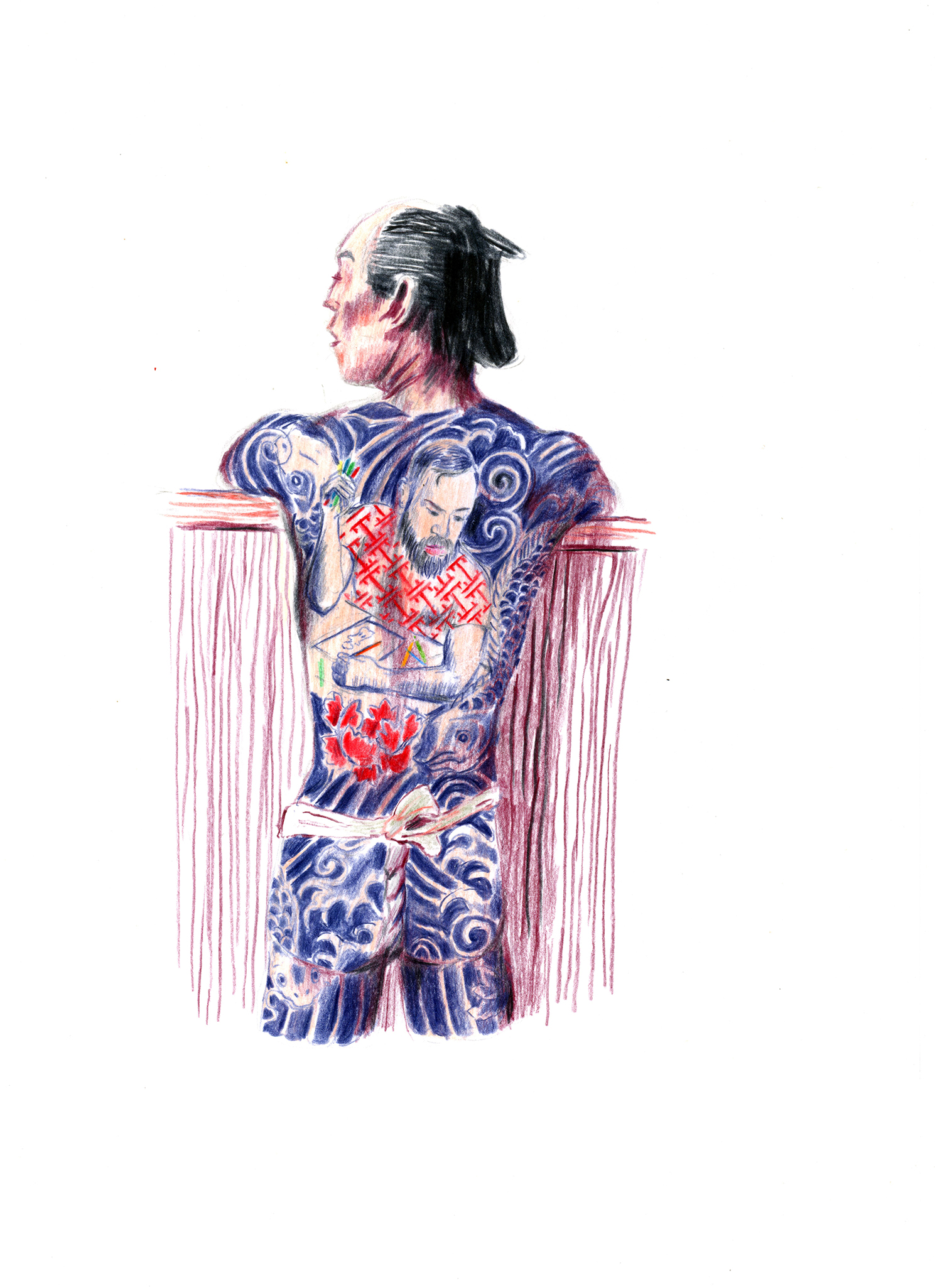 Dessin d'un homme de dos avec un totouage japonais représentant un homme en train de dessiner