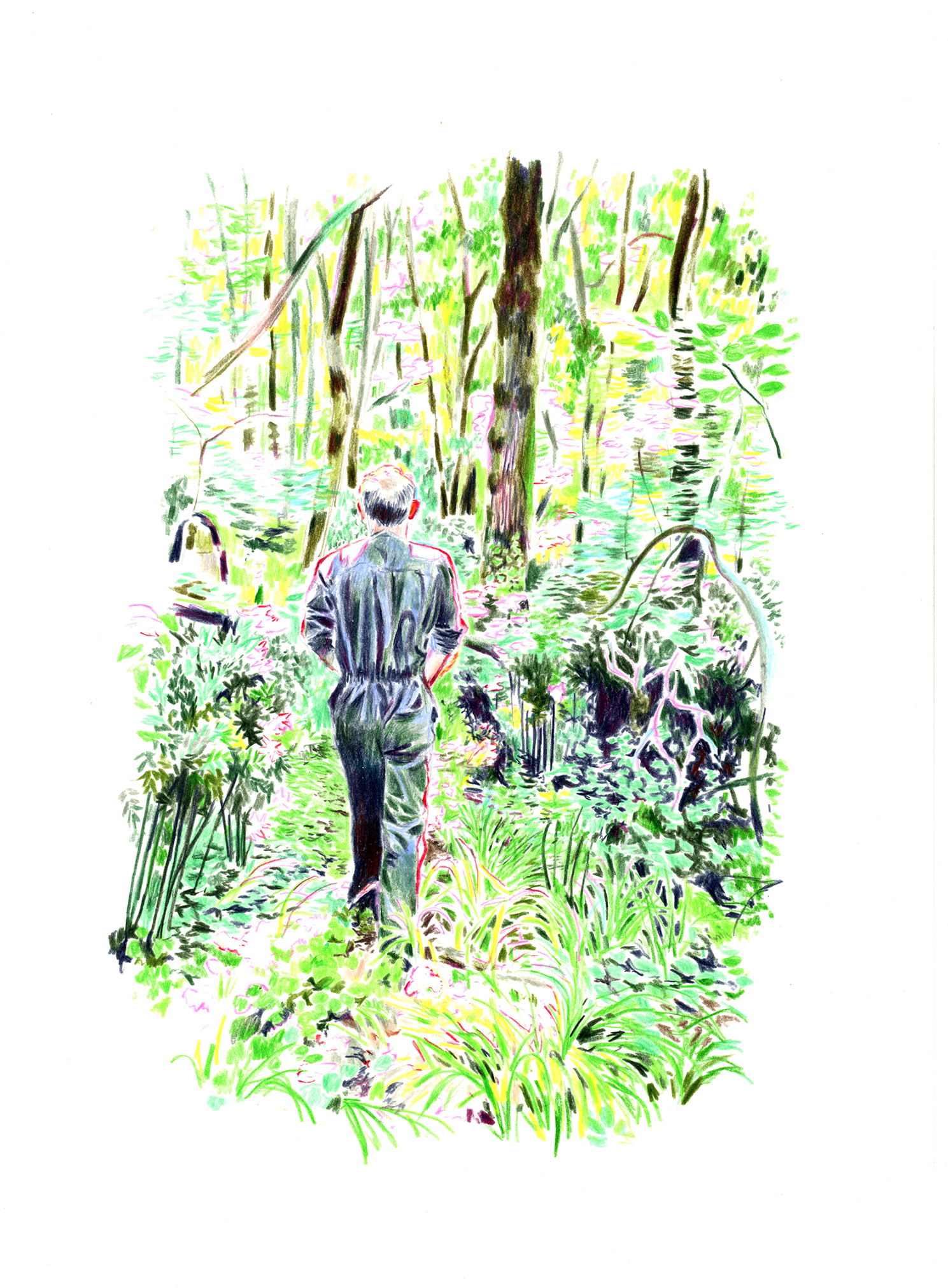 Dessin d'un homme marchant dans la forêt