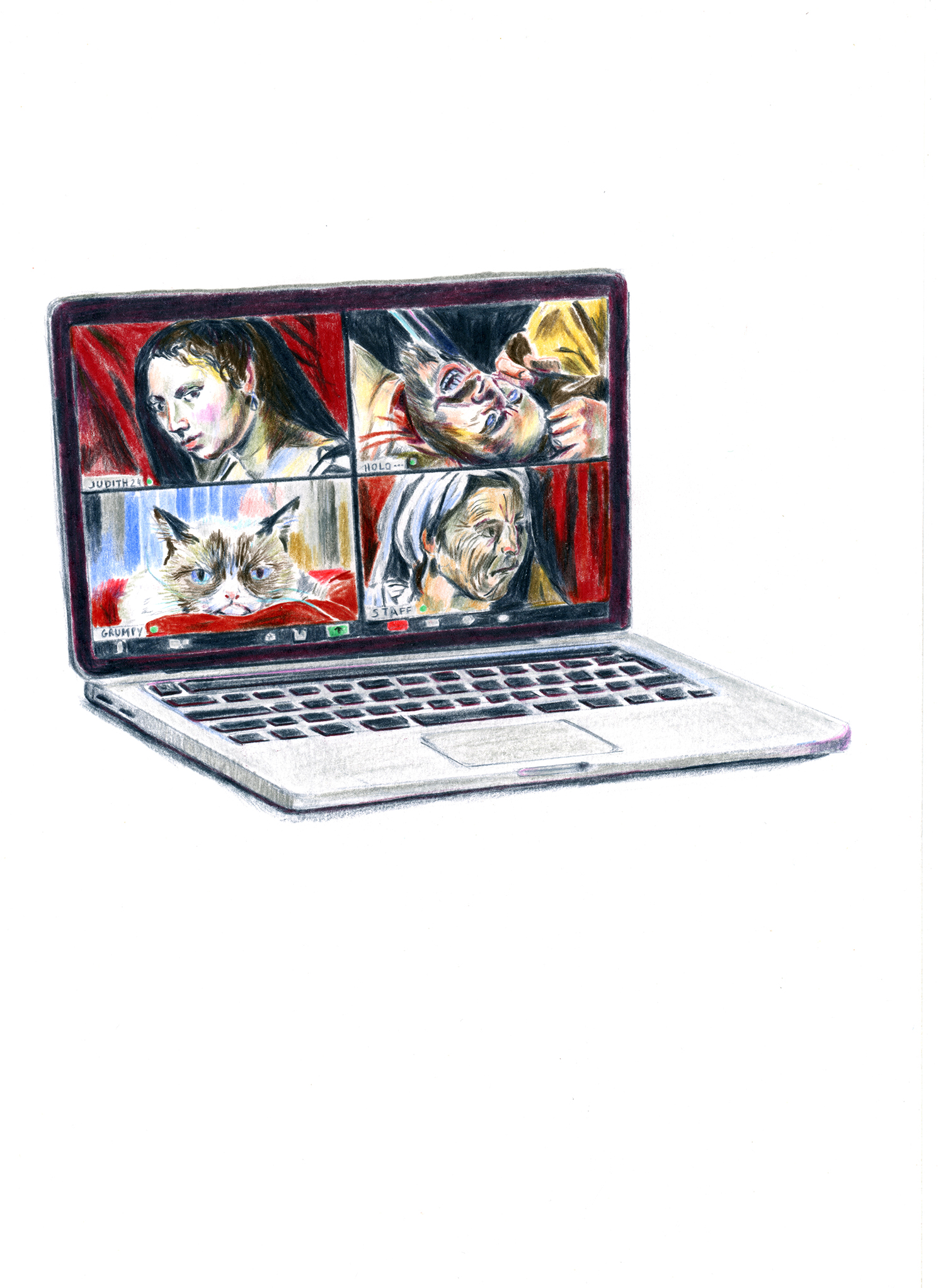 Dessin d'un ordinateur avec une visio faite à partir de fragments de peintures du Caravage