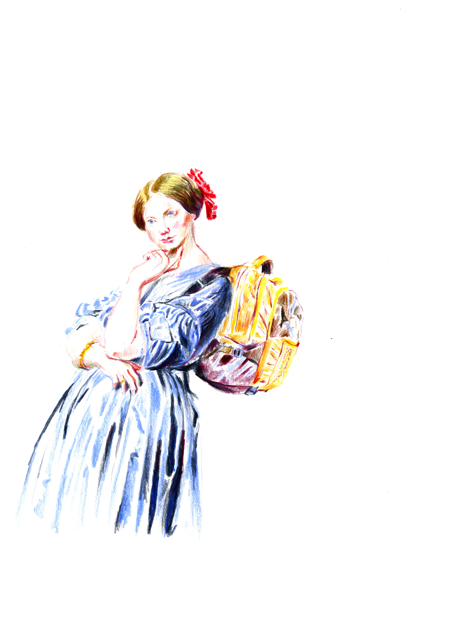 Dessin d'une jeune fille d'après Ingres avec un sac à dos