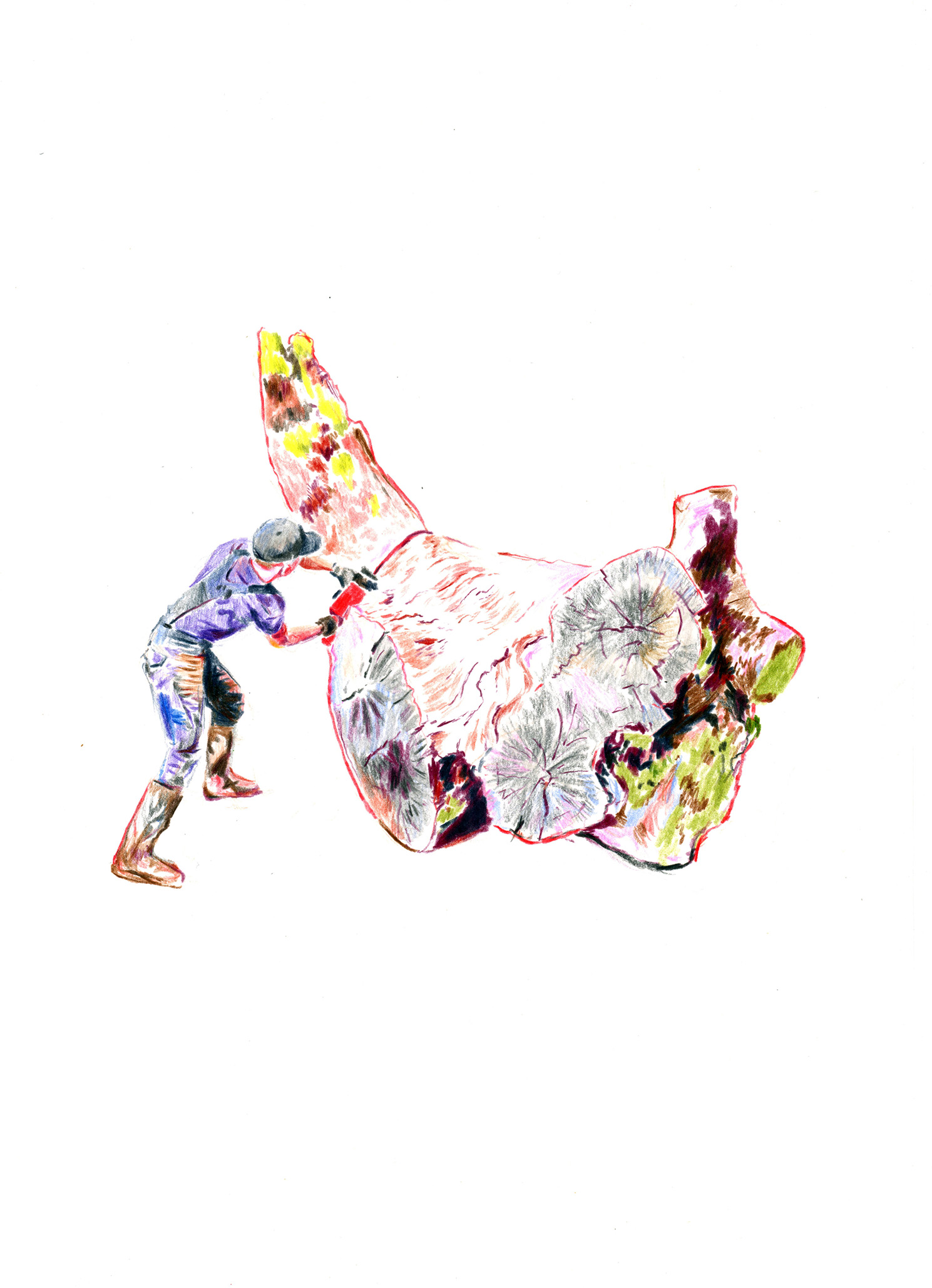 Homme tronçonnant une souche