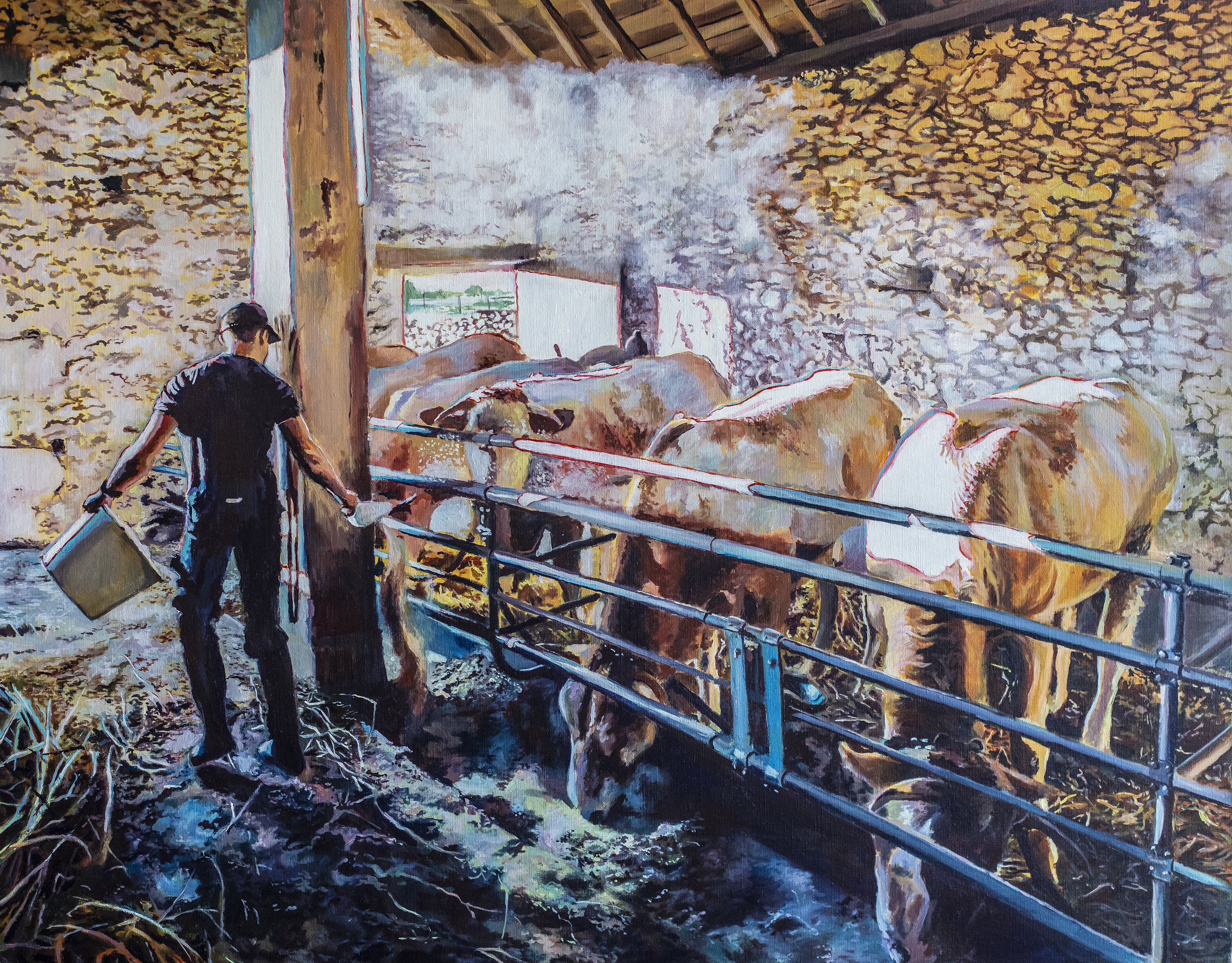 peinture d_un agriculteur nourrissant ses vaches dans une grange