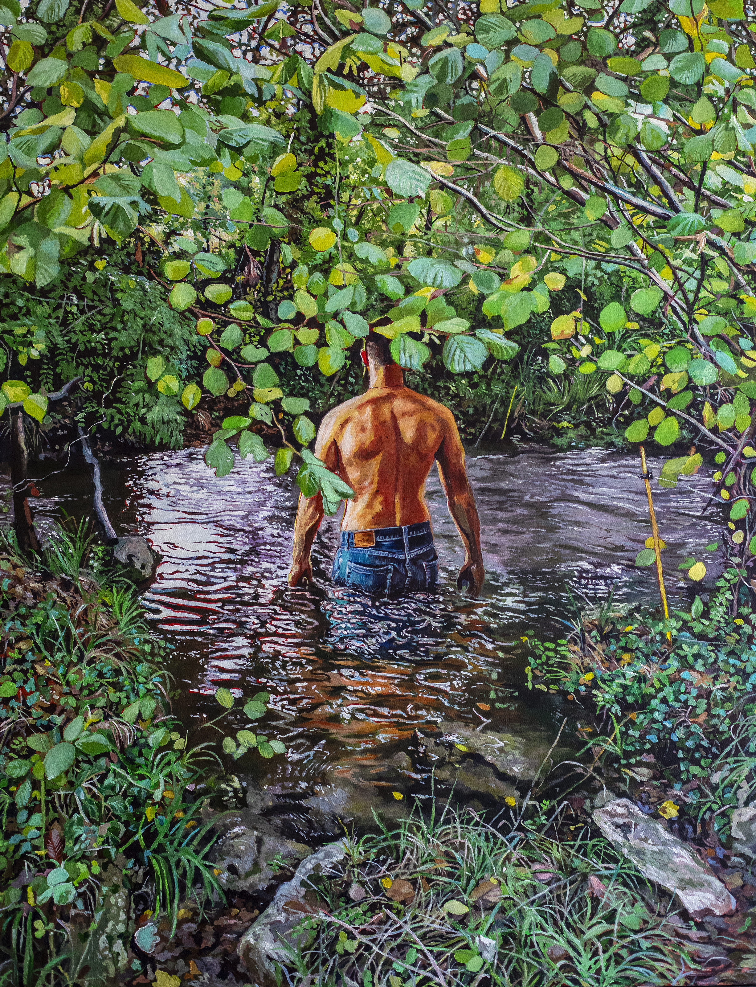 Peinture d'un homme de dos dans une rivière