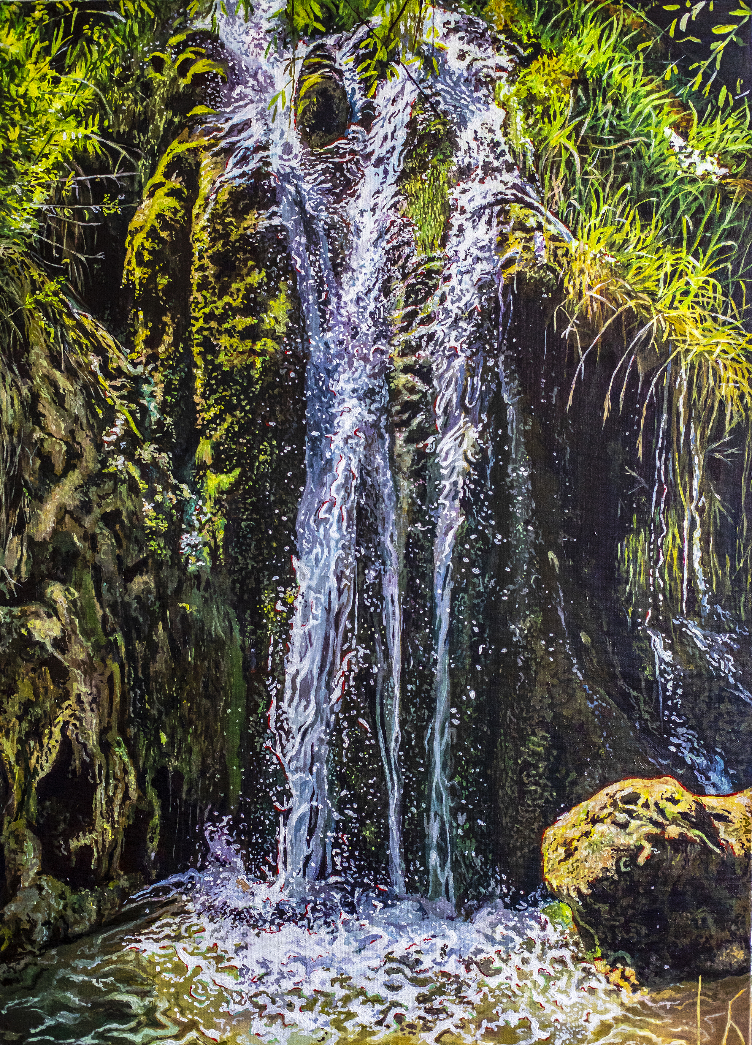 Peinture d'une cascade avec des rochers et des herbes
