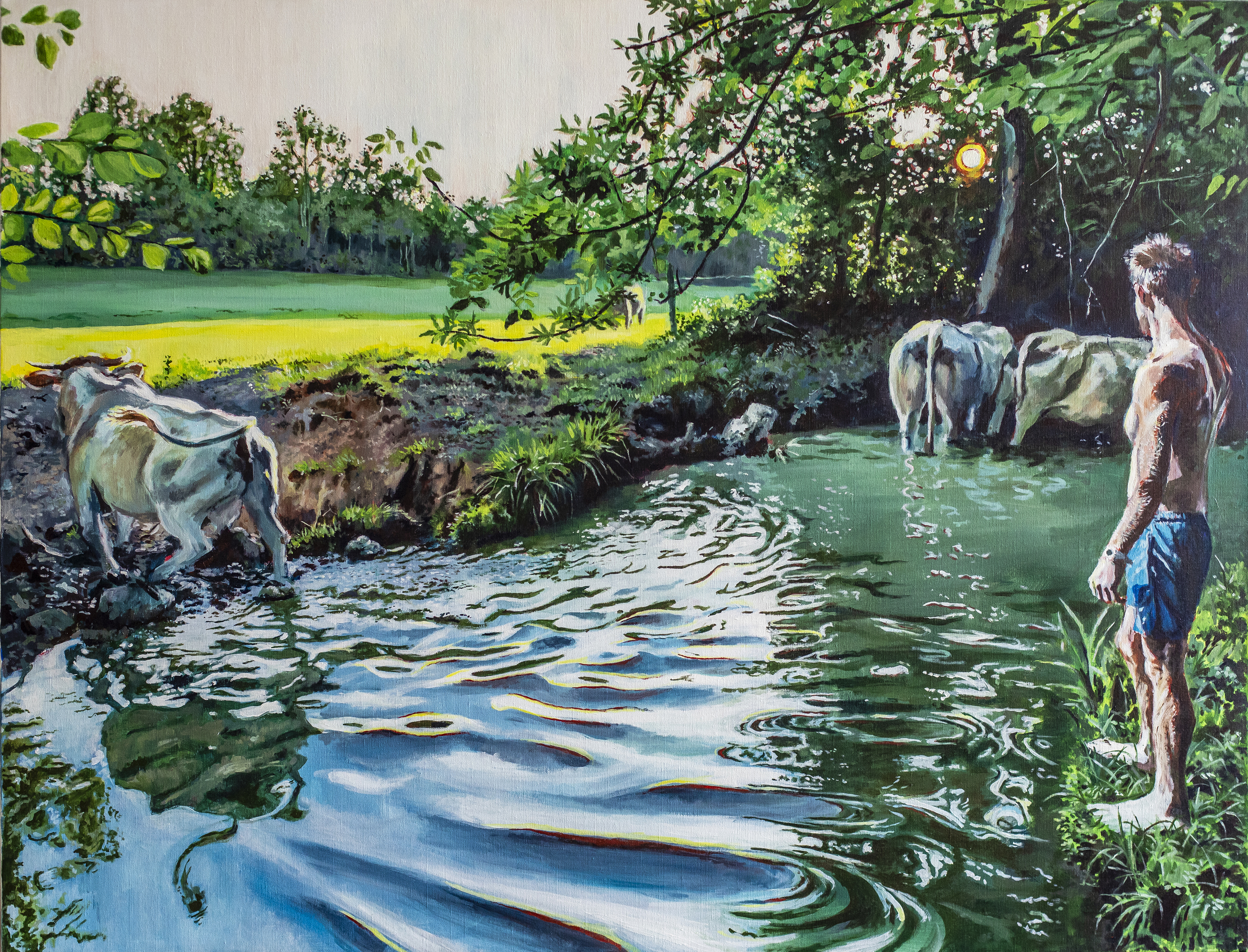 peinture d_une vache sortant d_une rivière