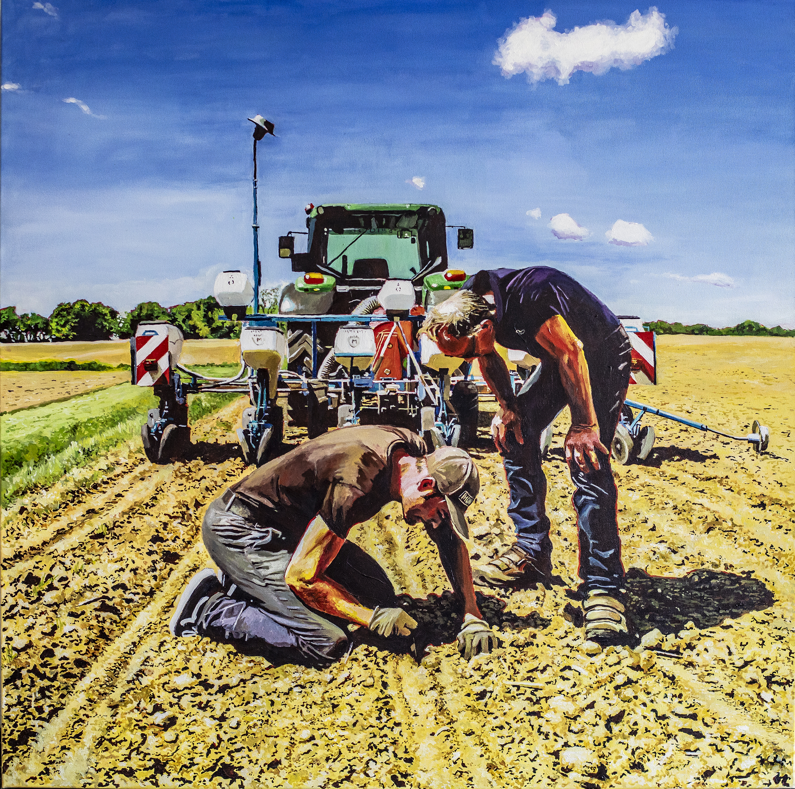 Peinture de deux agriculteurs surveillant les semis