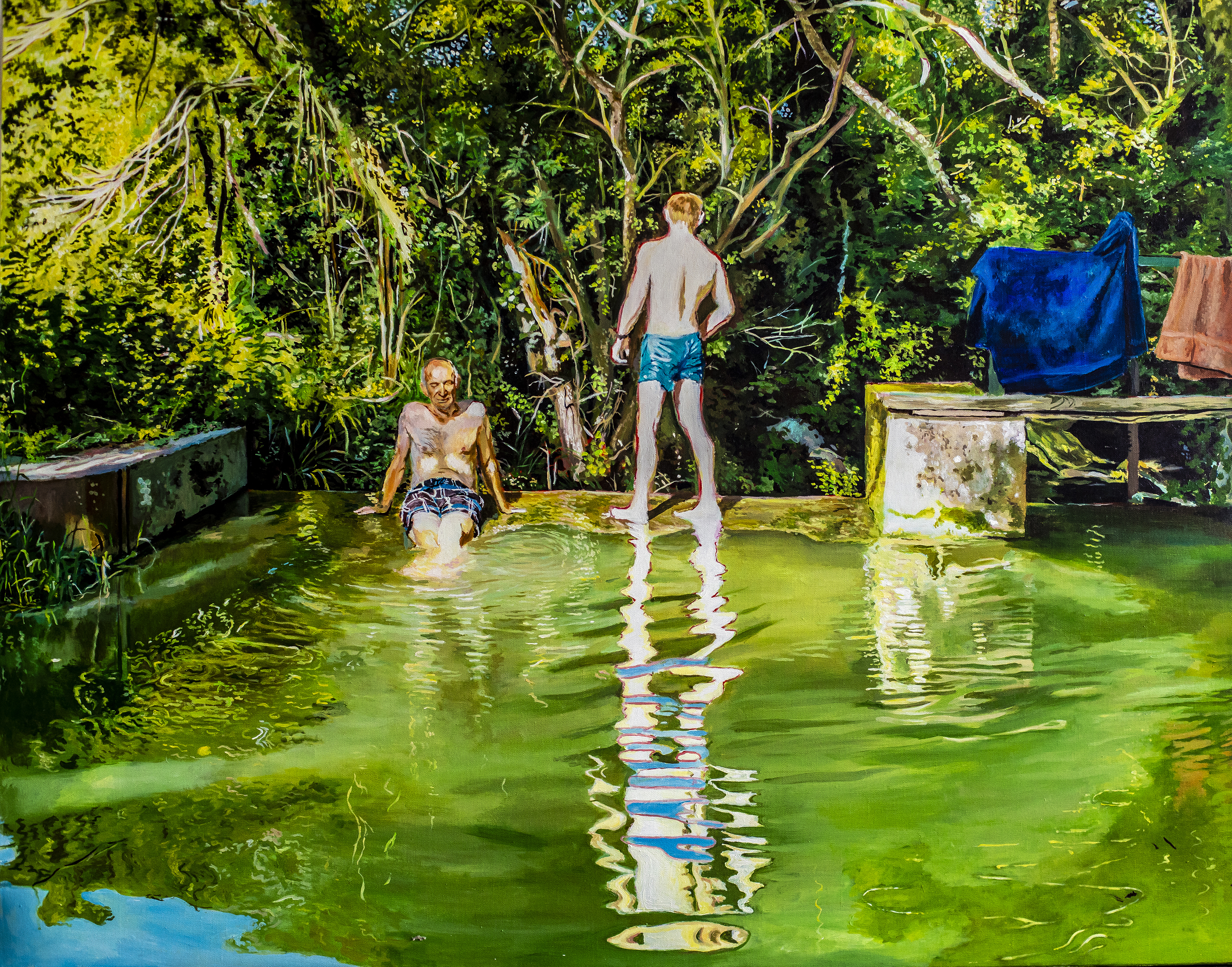 peinture de deux hommes au bord d_une rivière en été