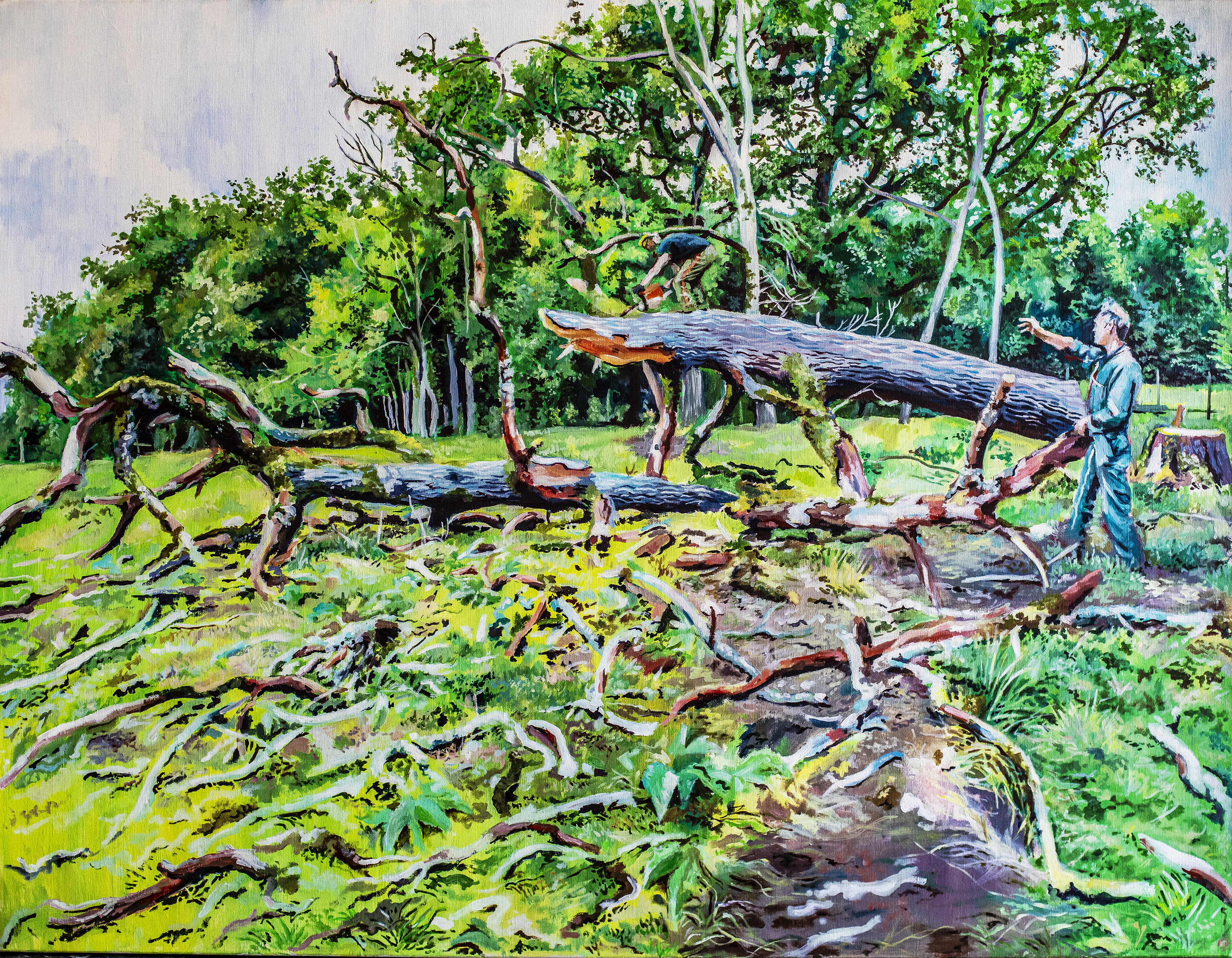 peinture de deux hommes coupant un arbre