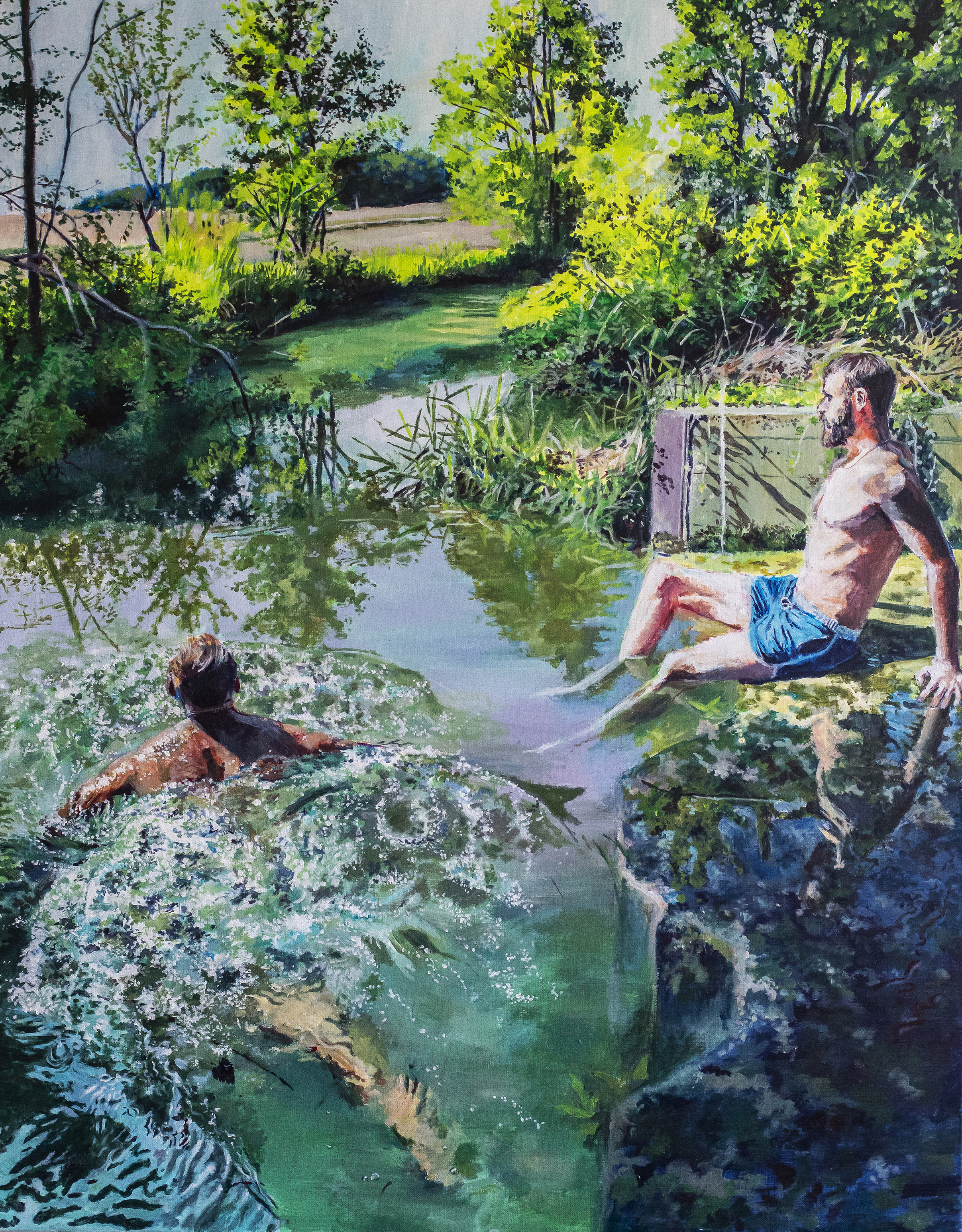 peintures de 2 hommes se baignants dans une rivière