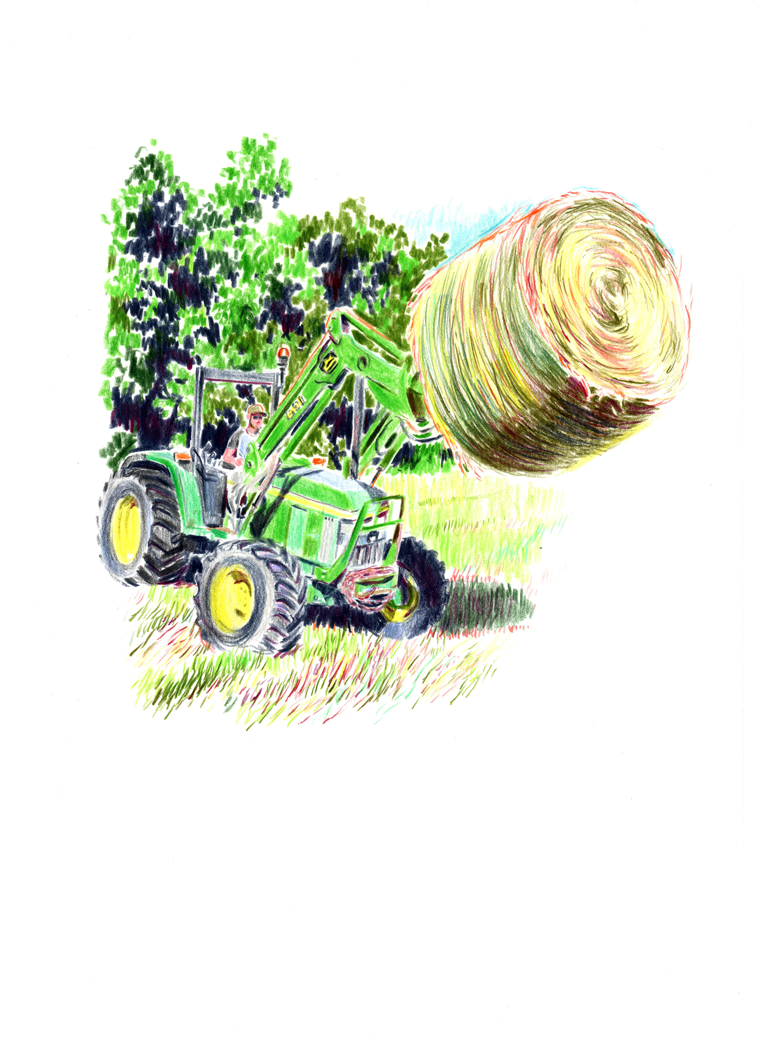 Tracteur déplaçant une boule de foin